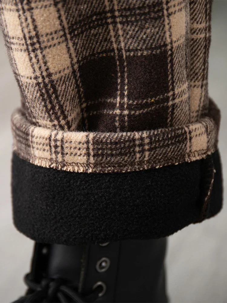 Calça harém de lã feminina casual brued fce xadrez cenoura calças de cintura alta coreano sle commute vento calças compridas