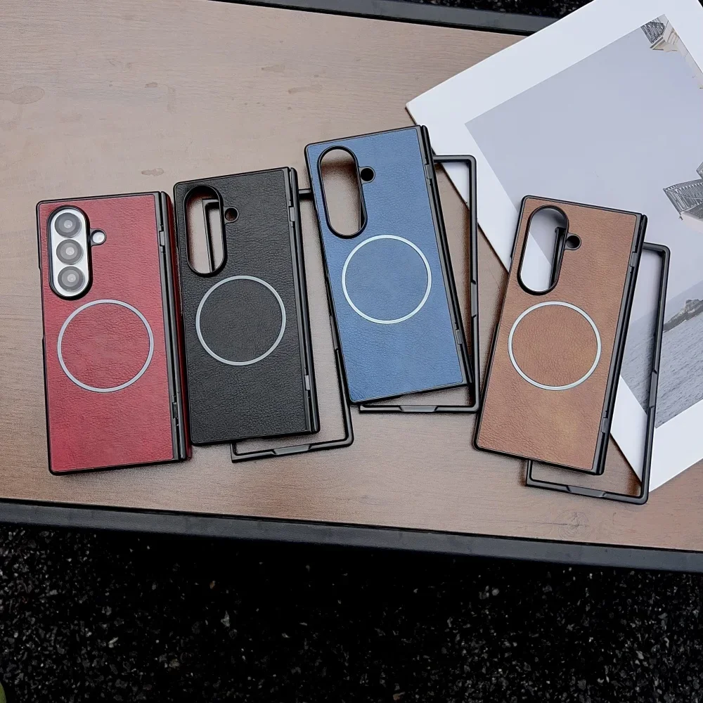 Funda de teléfono magnética con bisagra de cuero Busine Sle de lujo para Samsung Galaxy Z Fold 7 6 5 4 3 Magsafe cubierta de carga inalámbrica