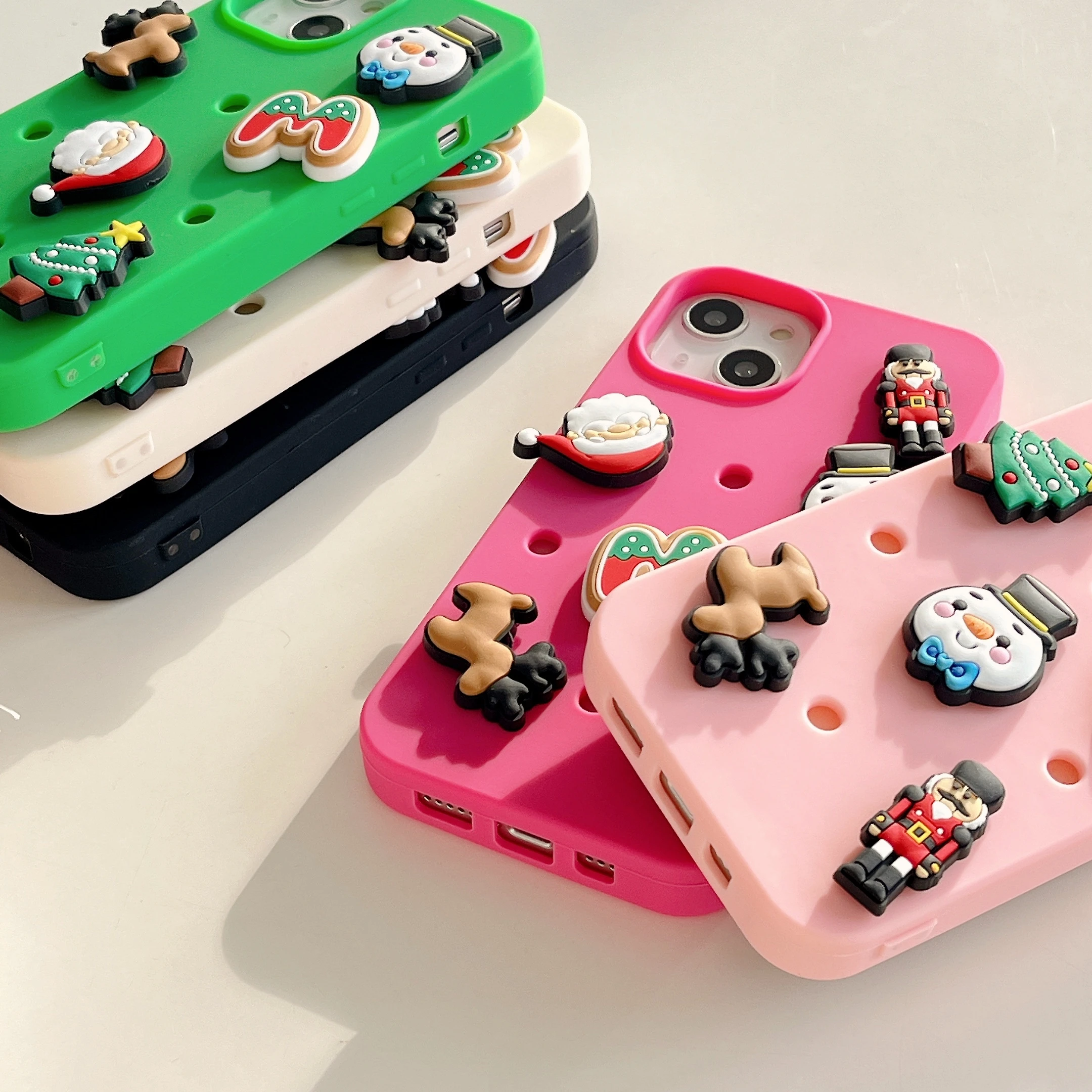 Hollow Out Holes DIY Case for iPhone 15 14 13 12 11 Pro Max 3D Cute Dolls Christmas Tree Elk Deer Snowman Xmas Santa Claus Cover