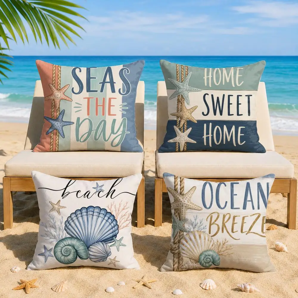 Summer Starfish and Shell Cushion Cover Short Plush Soft Double-Sided Printing Pillow Case Cozy Sofa Bedroom Home Decor Gift