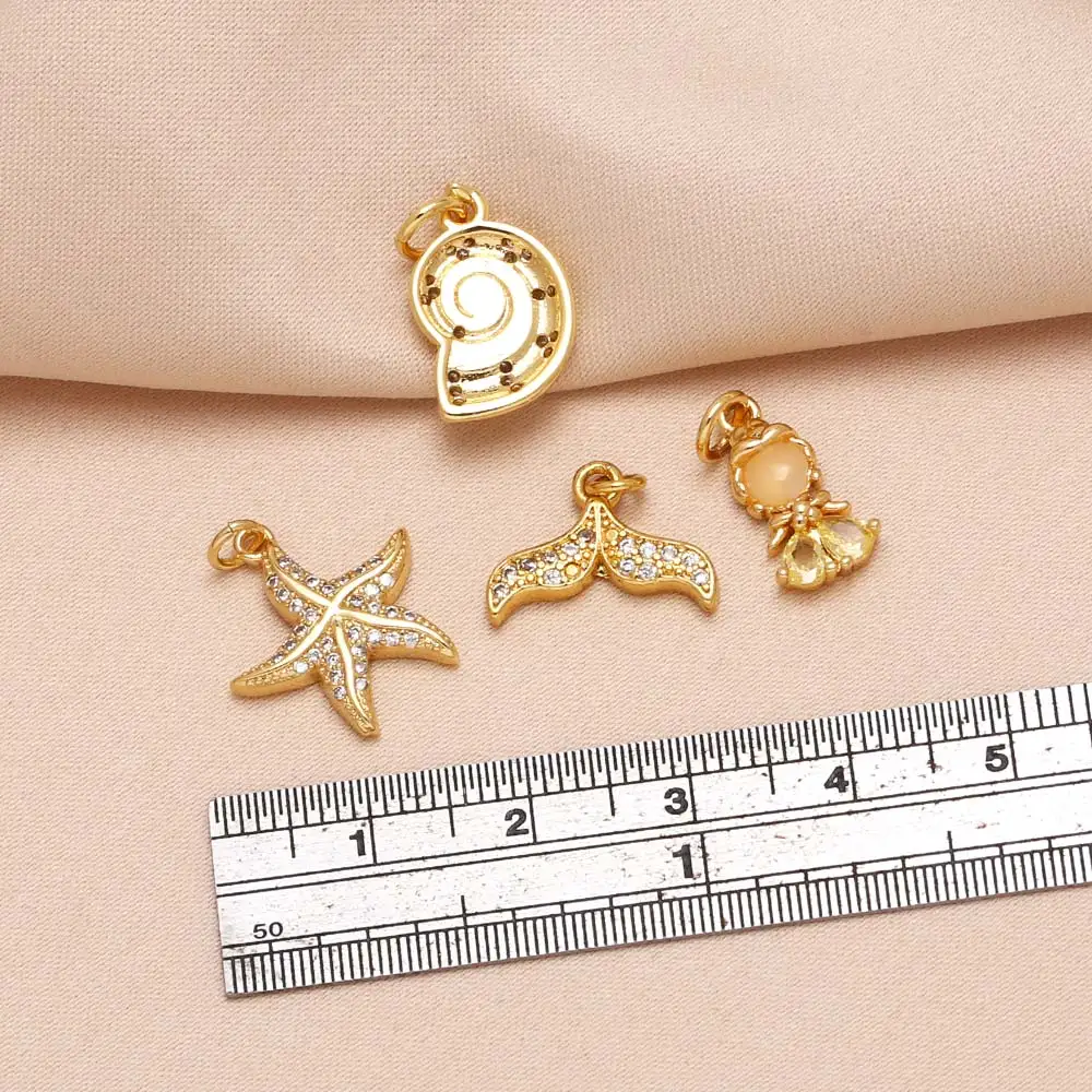 OCESRIO Fashion White Crystal Fishstar Charms for Bracelet Copper Gold Plated Whale Tail Conch Jewelry Making Supplies chma306