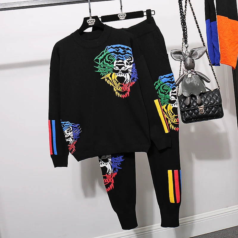 Two Piece Knitting Set New Autumn Women's Tiger Head Print Loose Knited Sweater Long Pants Female Tracksuit Fashion Sweater Suit