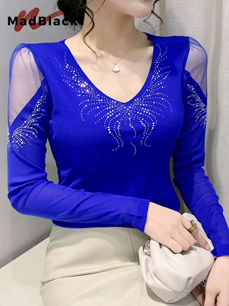 

MadBlack New Spring T-shirts Ladies European Clothes Stretchy Slim V Necks Long Sleeve Hot Drill Lace Tees Tops T32103X