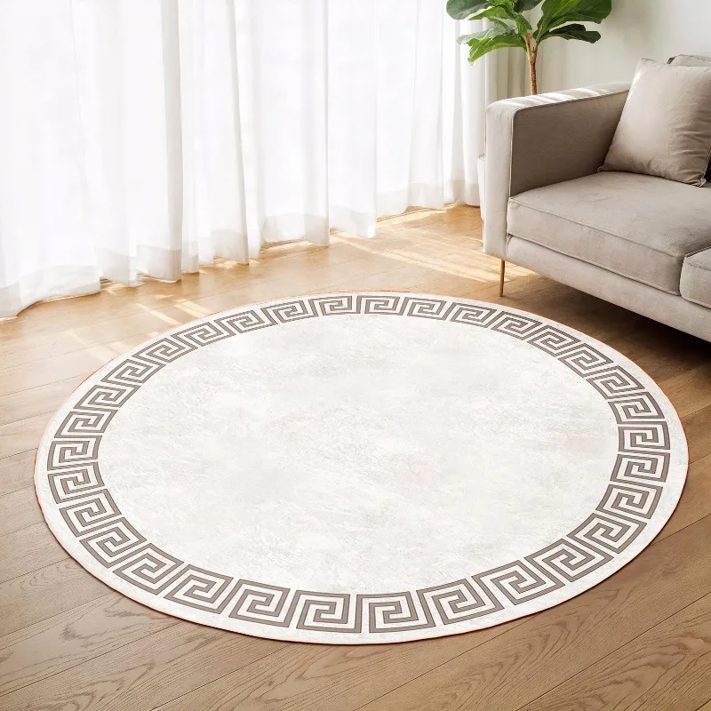 Greek Key Border Round Carpet Premium Decorative Fabric Classic Vintage Circular Floor Mat for Living Room Dining Room Decor