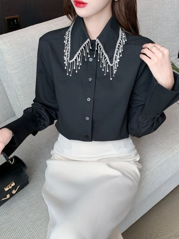 

Elegant Tassel Beaded Chiffon Blouse for Women Autumn Light Luxury Long Sleeve Shirt Niche Single Breasted Fashion Top