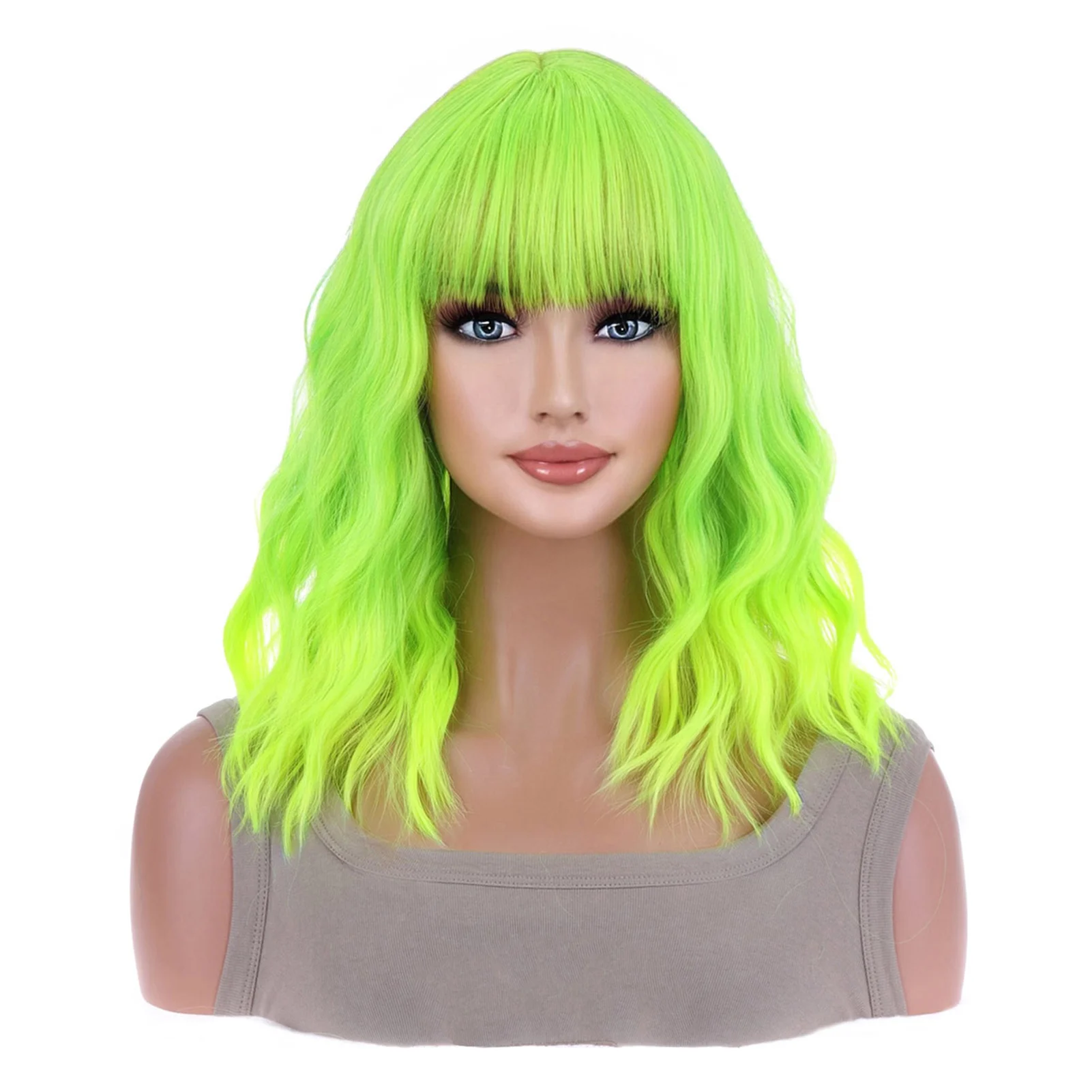 14 Inch Women's Green Curly Wig Synthetic Natural Fake Hair Replacement for Woman Girls Daily Hair Styling