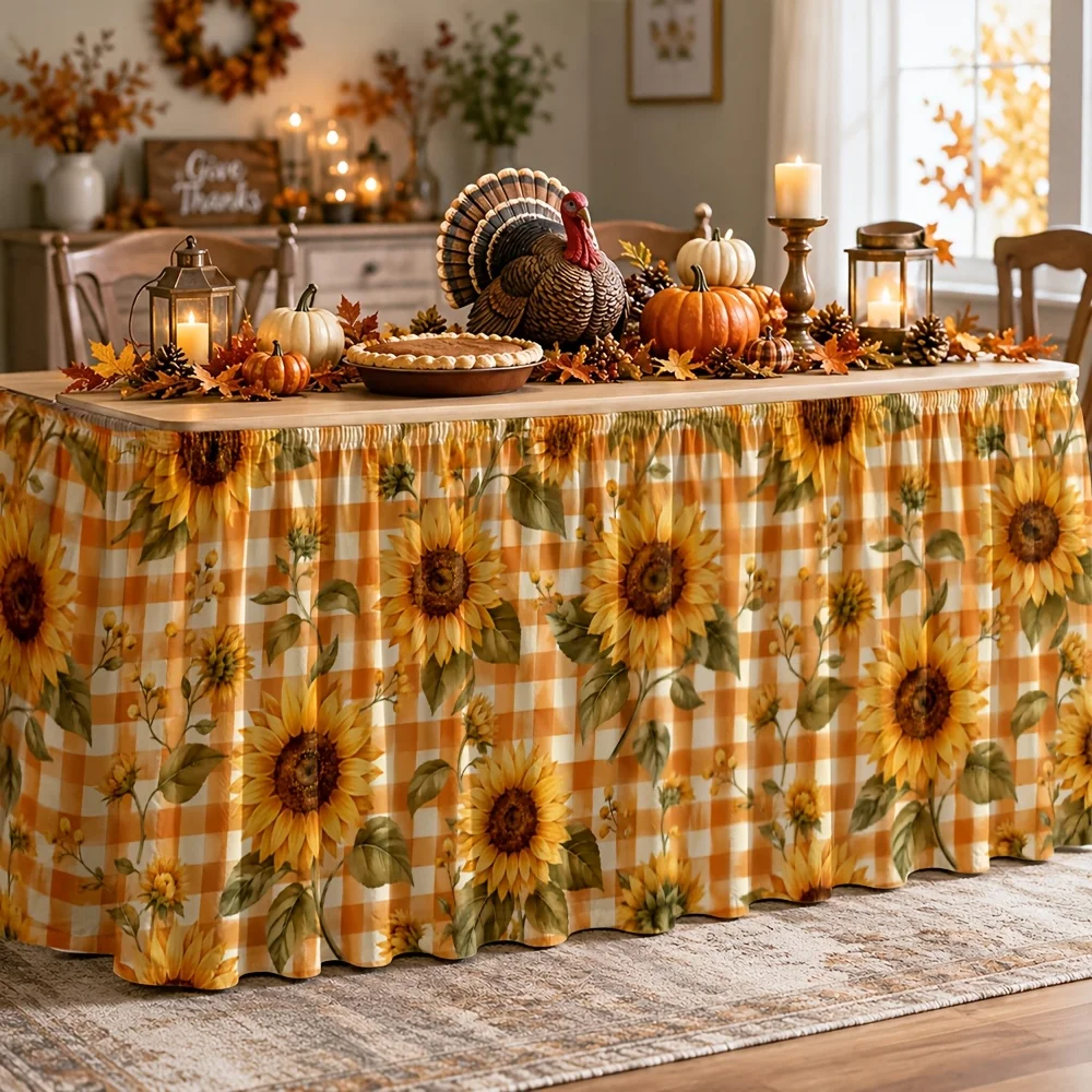 Tablecloth in country style with sunflower pattern and checkered background. Suitable for summer, autumn and Harvest Festivalxzj