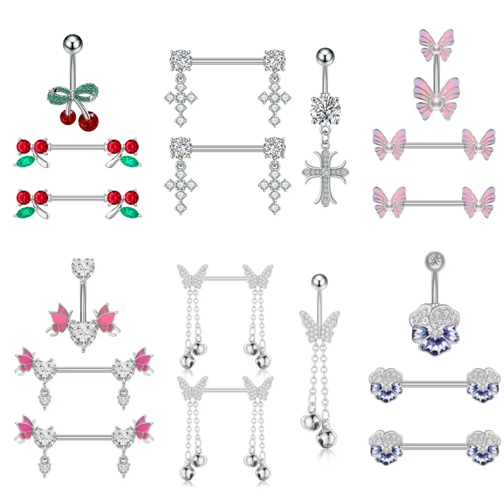 2pcs Cross Cherry Crystal Nipple Rings + 1PC Both Sides Screwed Belly Button Rings Sets Stainless Steel Body Piercing Ring Bulk