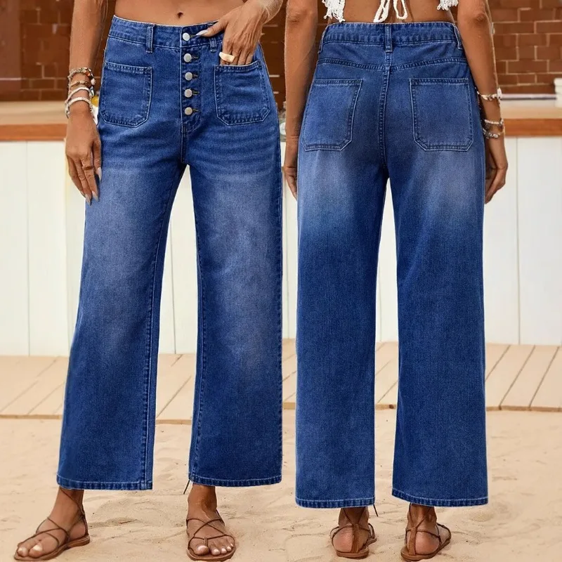 Lässige, geknöpfte Denim-Caprihose für Damen, locker geschnittene Jeans