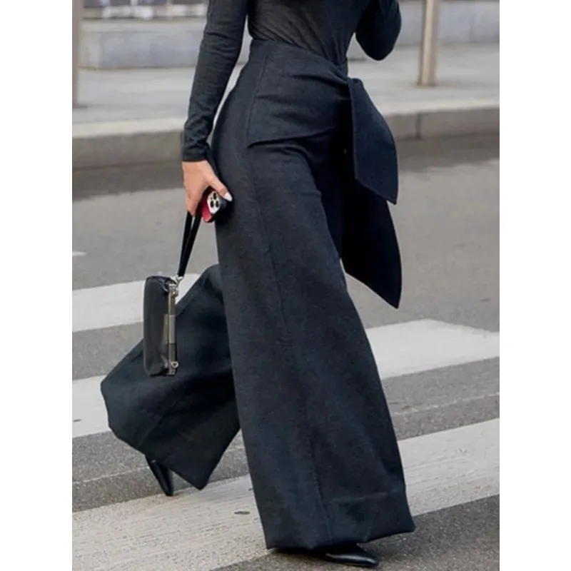 Stylish Women's Tie Waist Pants 2025 Classic Black Wide-leg Full-length Pant Work Business Wear Fashion Trousers Bottom 178666