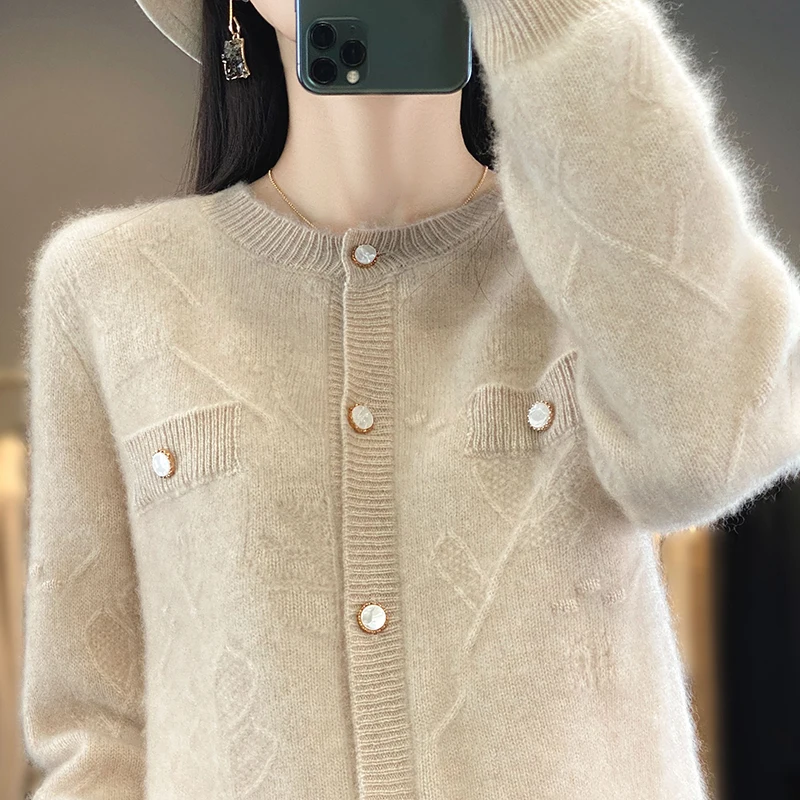 23 Autumn And Winter New Woolen Sweater Women's Round Neck Long Sleeve 100% Pure Wool Loose Luxury Jacquard Fake Pocket Cardigan