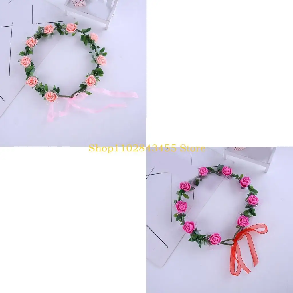49MC Rose Floral Wreath Elastic Headband Decorative Flower Headpiece Headwear For Home Decoration Or Festival Celebrations