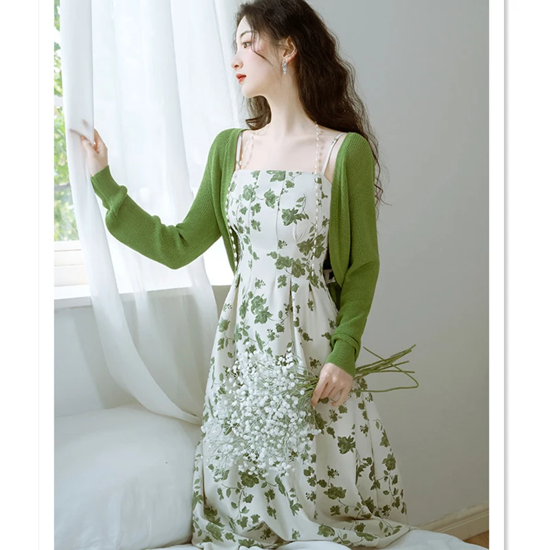 Women Summer Chic Green Dress 2023 Korean Lady Graceful Print Camisole Dress Knit Shirt 2 Piece Set Sunscreen Tops Dresses Suits