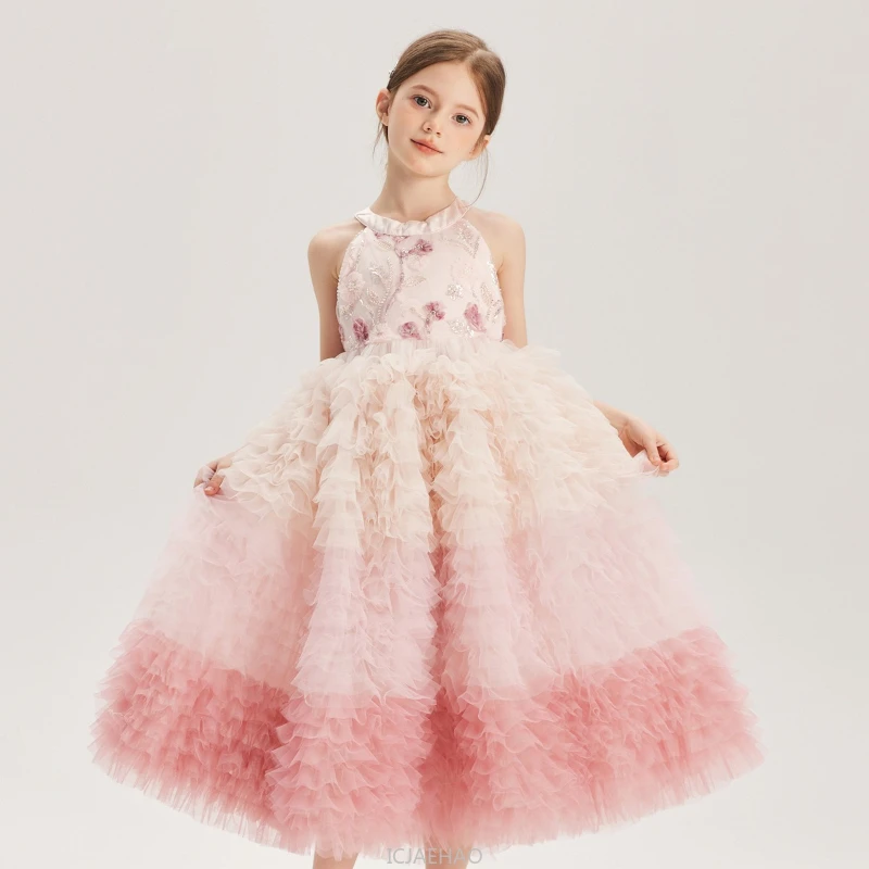 

Girls Flower Embroidery Dress Princess Gradient Tulle Ball Gown Kids Luxury Party Wear Elegant Birthday Outfit High End Design