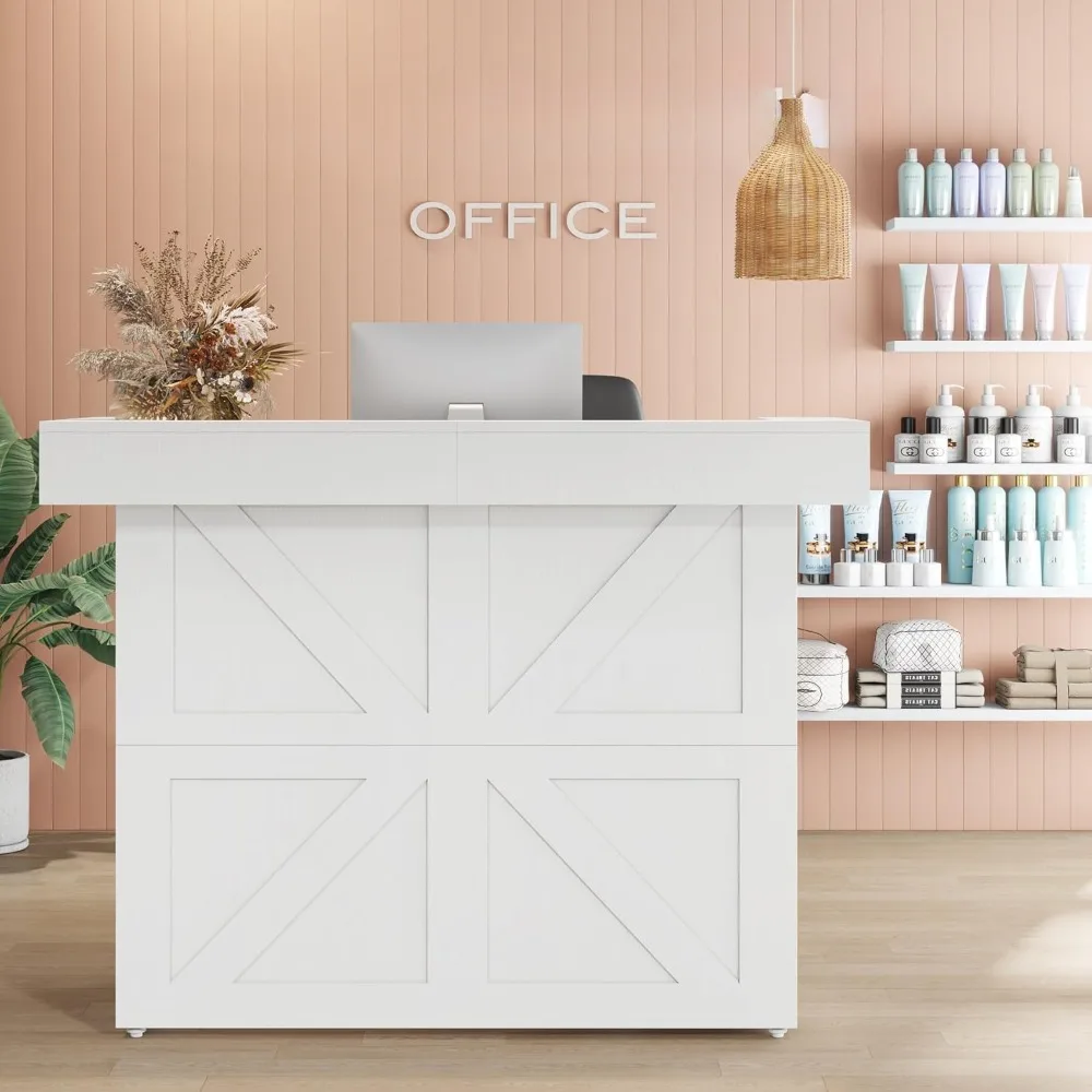 Reception Desk with Light, 55-Inch Front Desk with Cable Grommets, Modern Retail Counter Table for Salon, Lobby, Shop,Reception