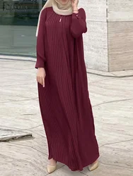 ZANZEA Women Vintage Muslim Dresses Autumn Casual Pleated Dress 2024 Robe Femme Casual Long Sleeve Abaya Hijab Sundress Ramadan