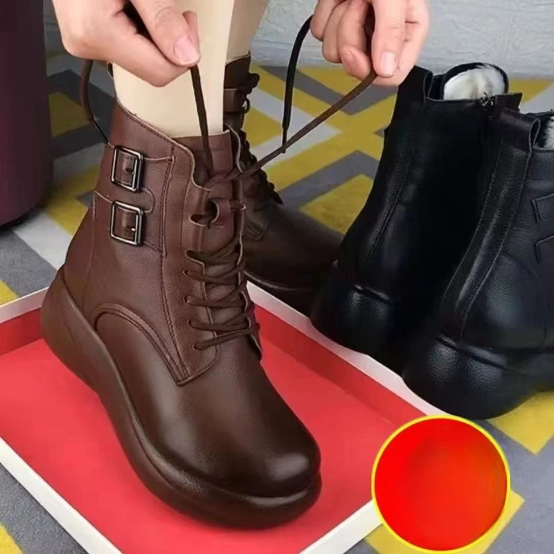 Autumn/Winter Vintage Ankle Boots for Women Lined for Middle-Aged and Elderly Women Platform Thick-Sole Solid-Colour PU Boots