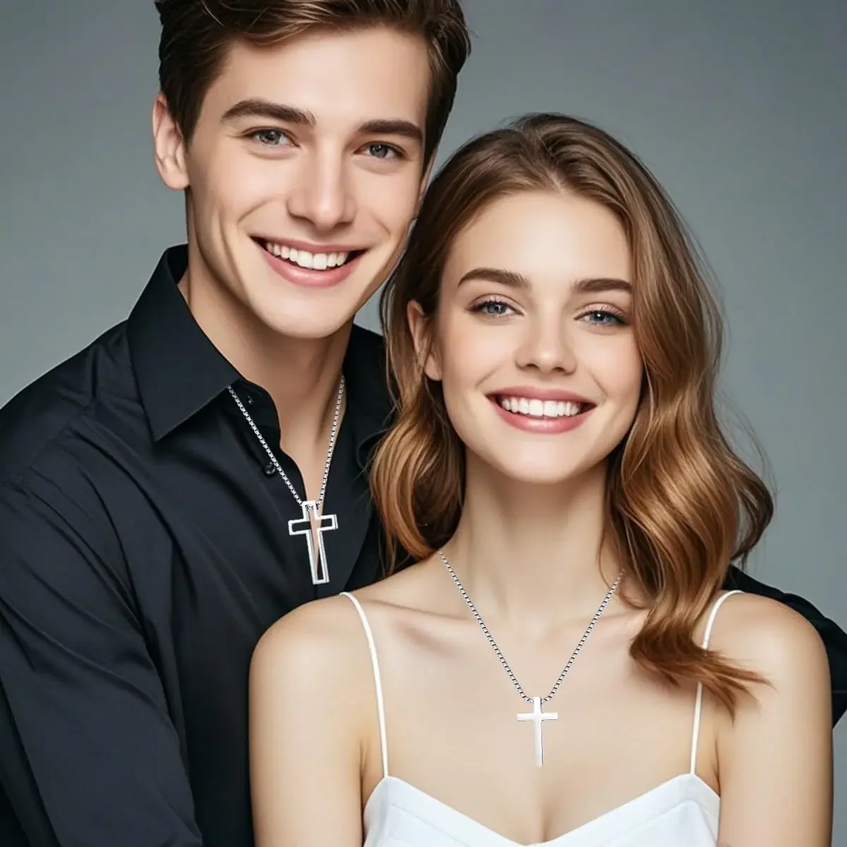 Matching Cross Necklace For Couples Stainless Steel Silver Box Chain Trendy Cool Cute Promise Relationship Friendship Puzzle Cross Pendant Couples Necklaces For Her Him Girlfriend Best Friends Set BFF Anniversary Valentine's Day Birthday Gifts for gf wife