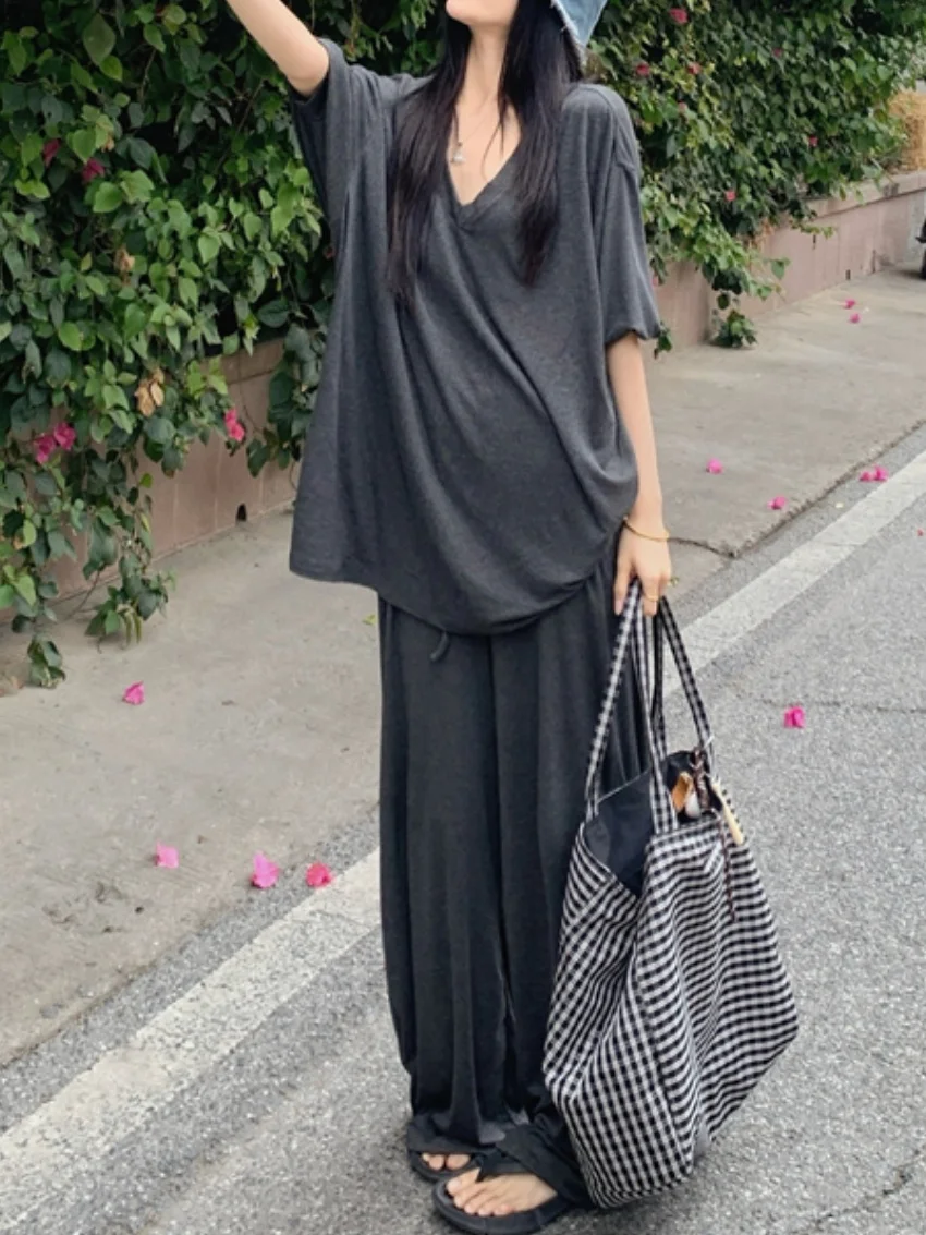 Alien Kitty Comfortable Women Suits Oversize Cotton T-Shirts V-Neck Short Sleeve Summer 2025 Mopping Wide Leg Pants High Street