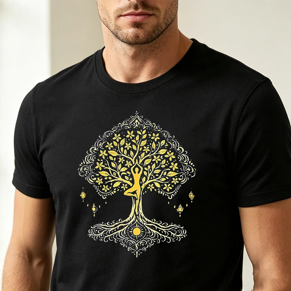 Yoga Tree of Life Mandala Graphic Tee Men Top Spiritual Zen Print Short Sleeve T Shirt Unisex Casual Summer Streetwear Clothes