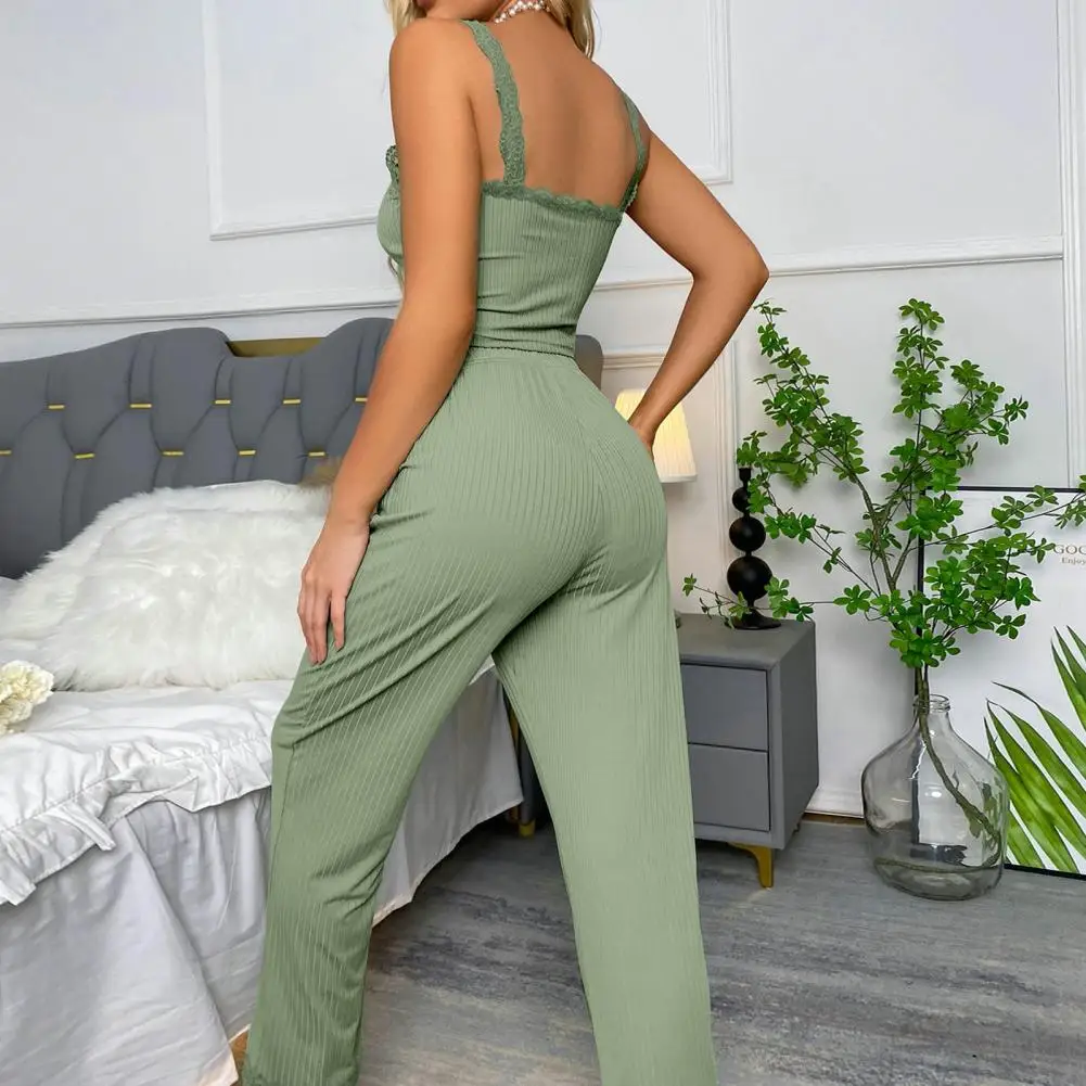 Two piece Women Loungewear Sexy Low cut V Neck Vest High Elastic wide Leg Pants Pajamas Set Wear Suit Summer Sleepwear