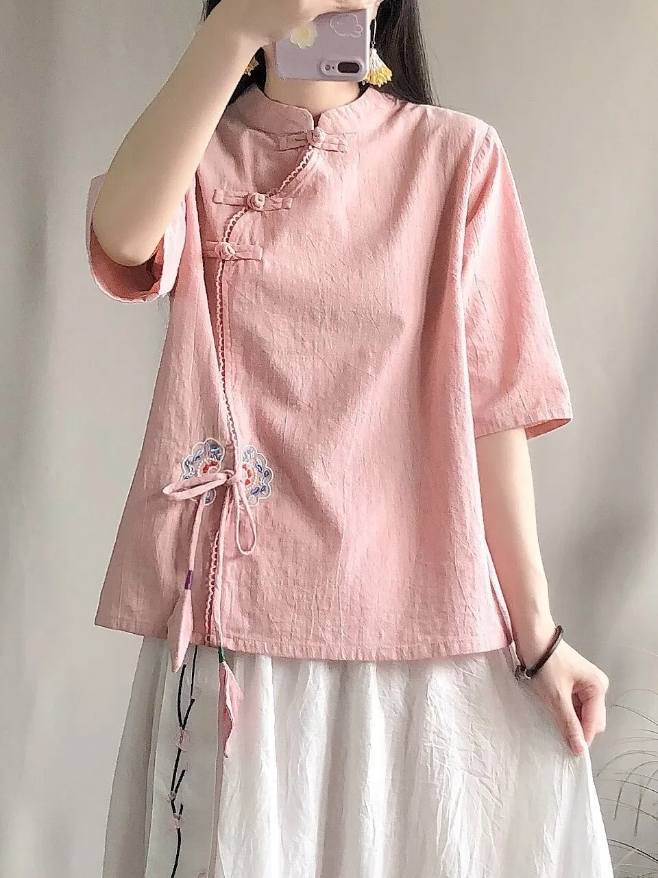 

Chinese Style Summer Button Cotton and Linen Shirt Women's Stand-up Collar Embroidered Improved Tea Clothes Zen Loose Short Top