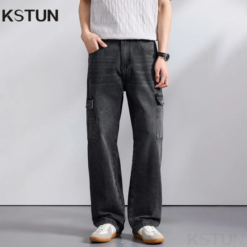 

KSTUN 2026 Spring Men's Loose Straight Jeans Wide Leg Vintage Grey Cargo Pants Male Streetwear Trousers Multi-pockets Designer