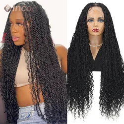 Pelucas delanteras de encaje sintético para mujer, pelucas trenzadas con caja bohemia, peluca trenzada de diosa Locs, pelo rizado para mujer, peluca trenzada en caja bohemia