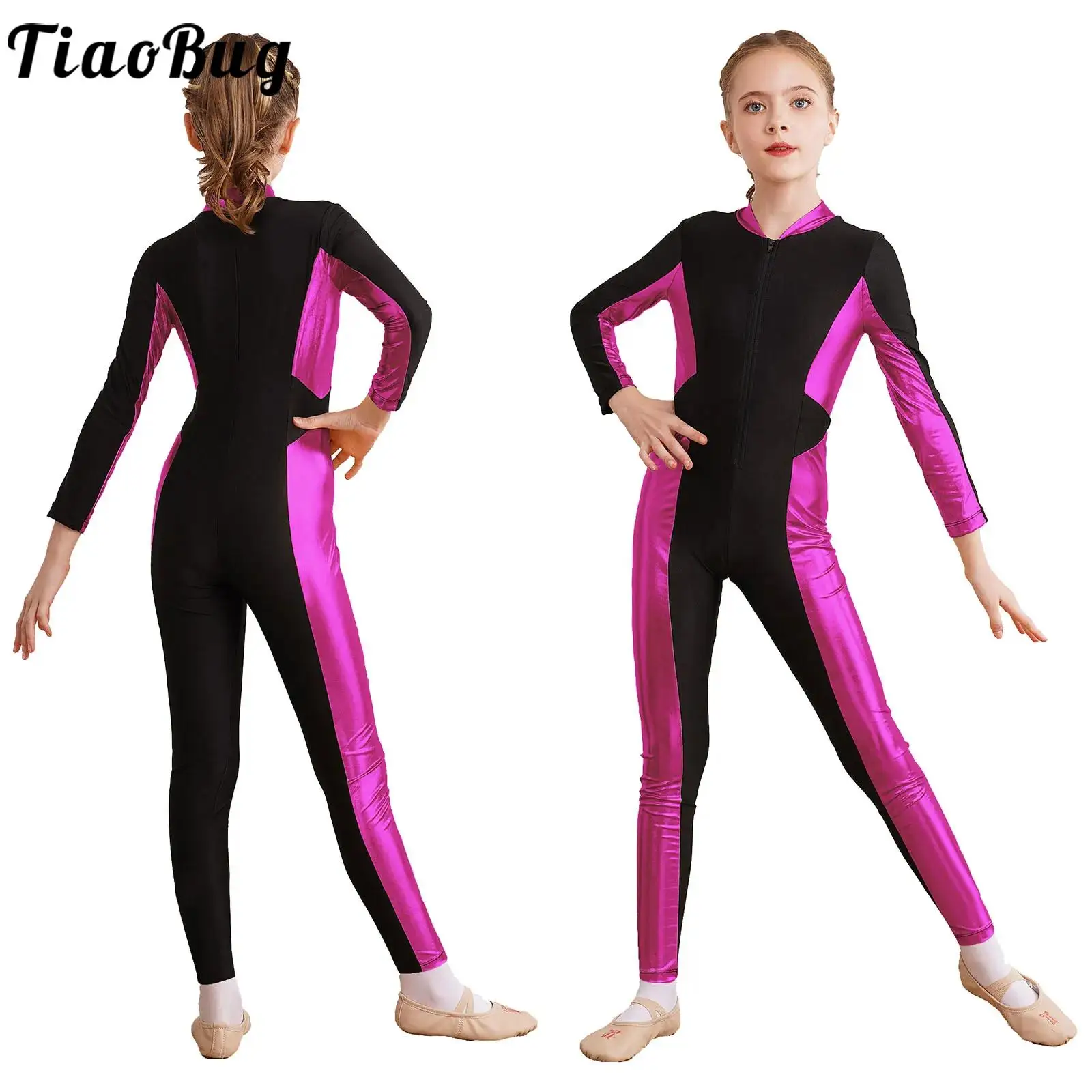 

Kids Girls Ballet Gymnastics Full Bodysuit Bronzing Contrast Long Sleeve Figure Ice Skating Jumpsuit Acrobatics Leotard Costume