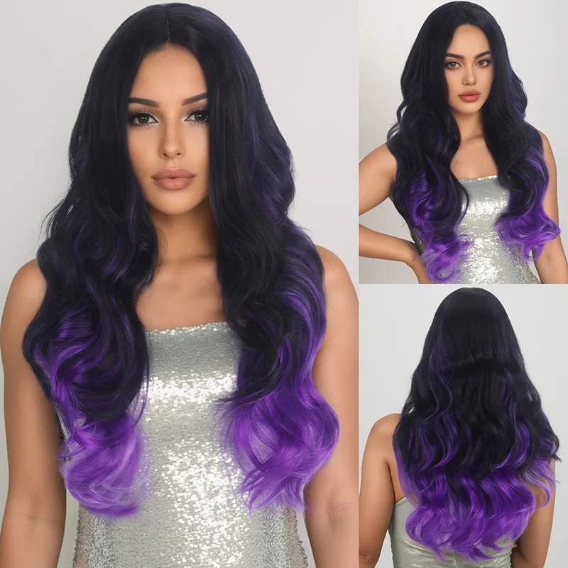 European and American black purple gradient wig for women with long curly hair and big waves-Synthetic fiber wig