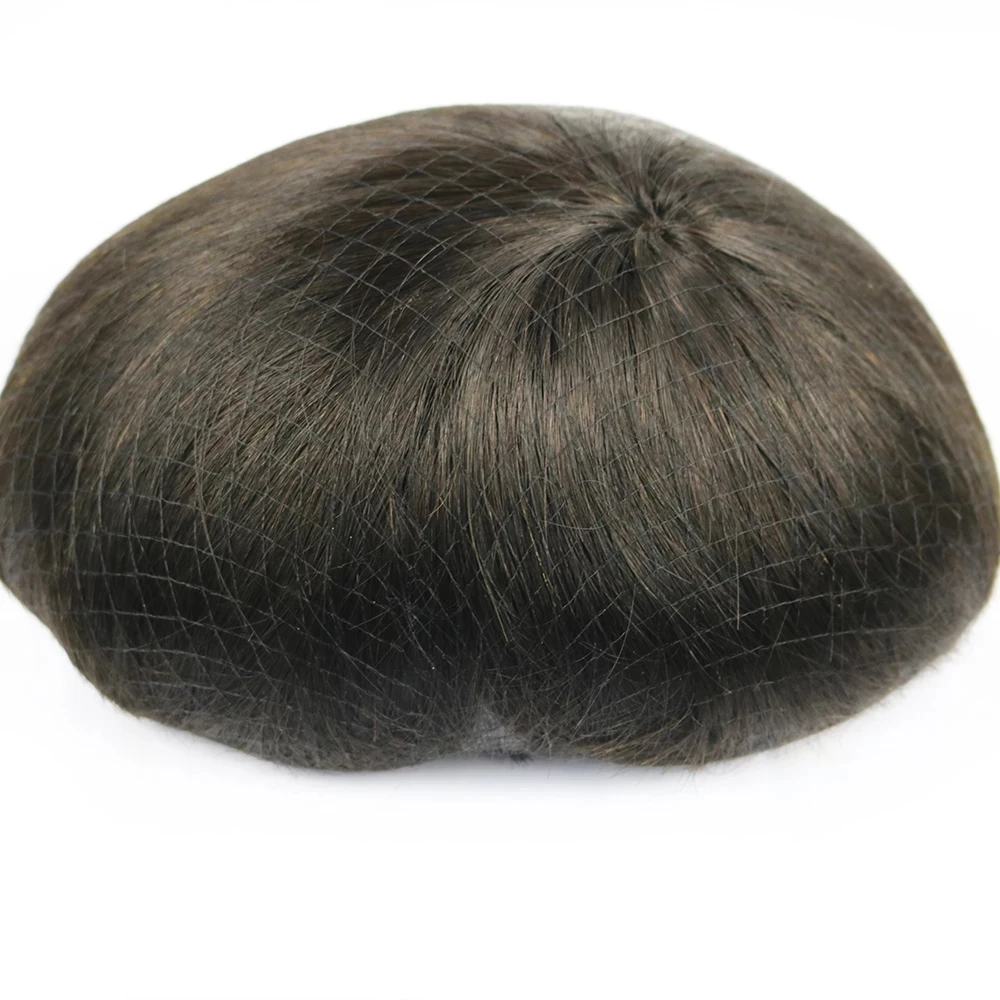 Wig pria, sistem pengganti rambut palsu pria tahan lama, dasar Mono halus & rambut manusia Pu, wig pria gelombang lurus