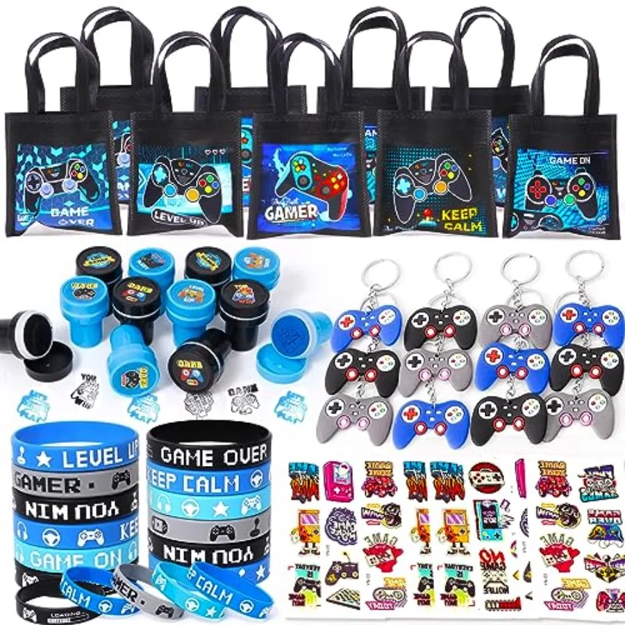 

60Pcs Video Game Party Favors Gamer Birthday Party plies for Non Woven Bags Silicone Bracelet Stamper Keychain Glow Sticker Gam