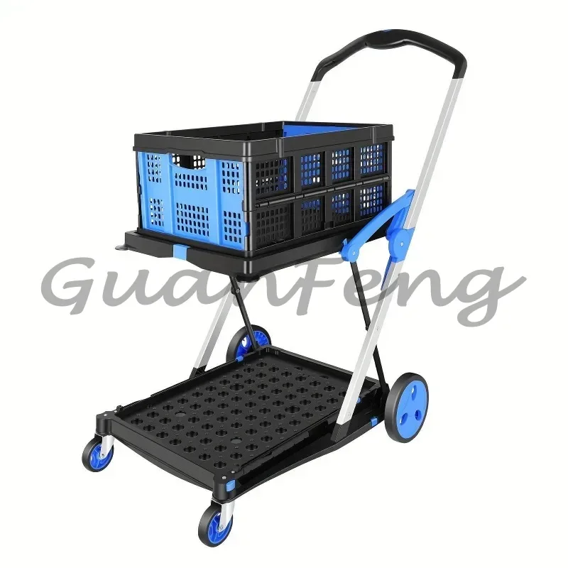 Foldable 2 Tier Multifunction Shopping Trolley with Basket Household Grocery Store Storage Transport Cart