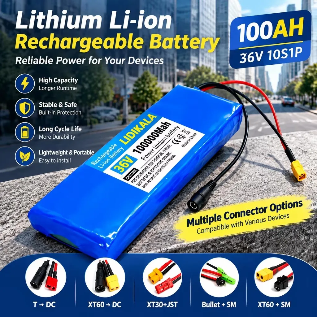Batteria ricaricabile agli ioni di litio 36V 100Ah 10S1P, nuova e originale, con BMS e motore integrato da 750W, adatta alla maggior parte delle batterie per monopattini elettrici.