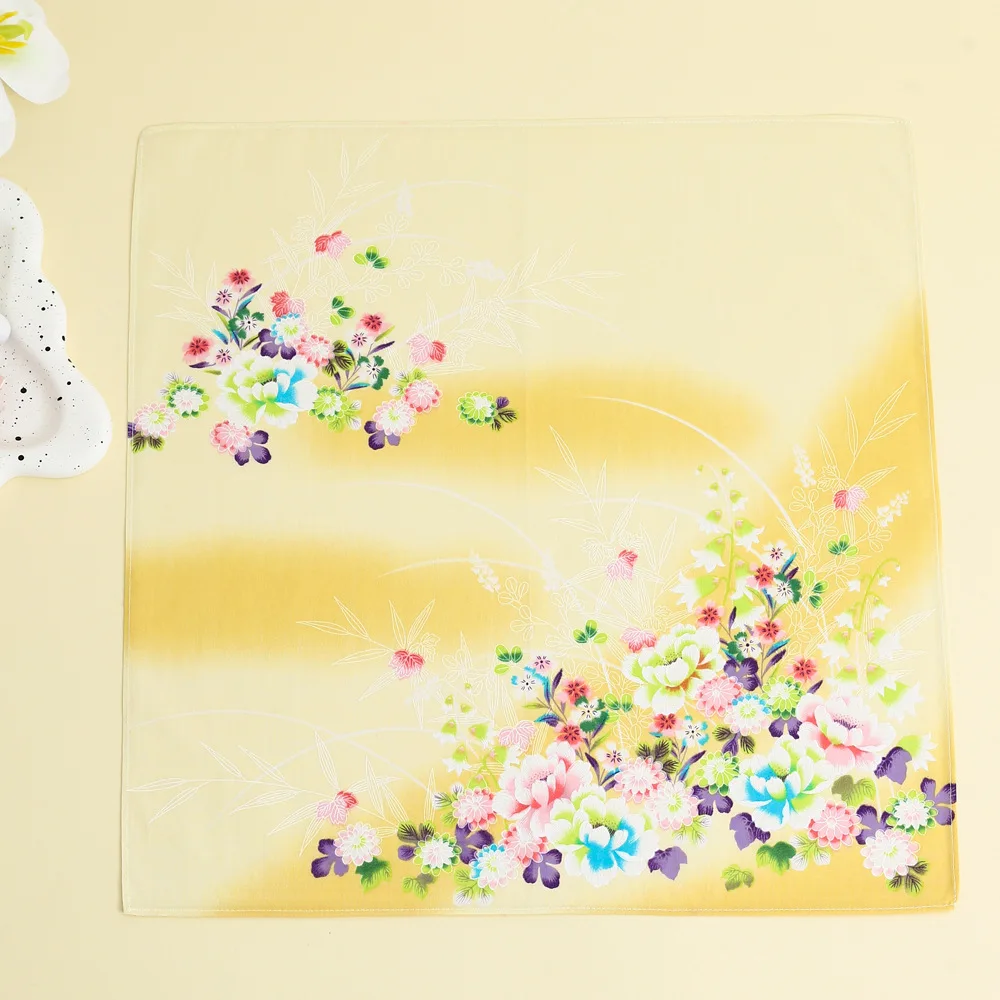 3 Buah Sapu Tangan Cetak Murni Wanita Katun Combed Syal Persegi Hadiah Tangan Korea Jepang Bunga Perubahan Bertahap 43*43Cm