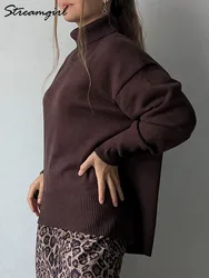 Oversized Winter Turtleneck Sweater Women Brown Pullovers Loose Basic Knit Christmas Jumper Warm Women Burgundy Sweater Oversize