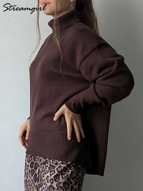 Ponadgabarytowy zimowy sweter z golfem damski brązowy swetry luźna podstawowa dzianina sweter świąteczny ciepły damski bordowy sweter Oversize