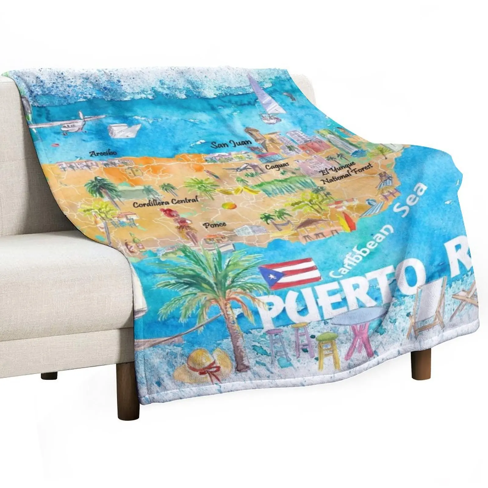 

Puerto Rico Islands Illustrated Travel Map with Roads and Highlights Throw Blanket Travel Blankets For Bed Stuffeds Blankets