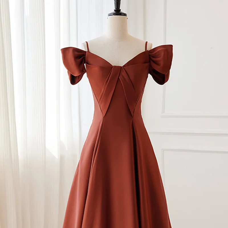 Evening Dress Boat Neck Auburn Pleat Floor-Length Short Sleeves Lace Up A-Line Simple Satin New Party Formal Dresses Woman B2788