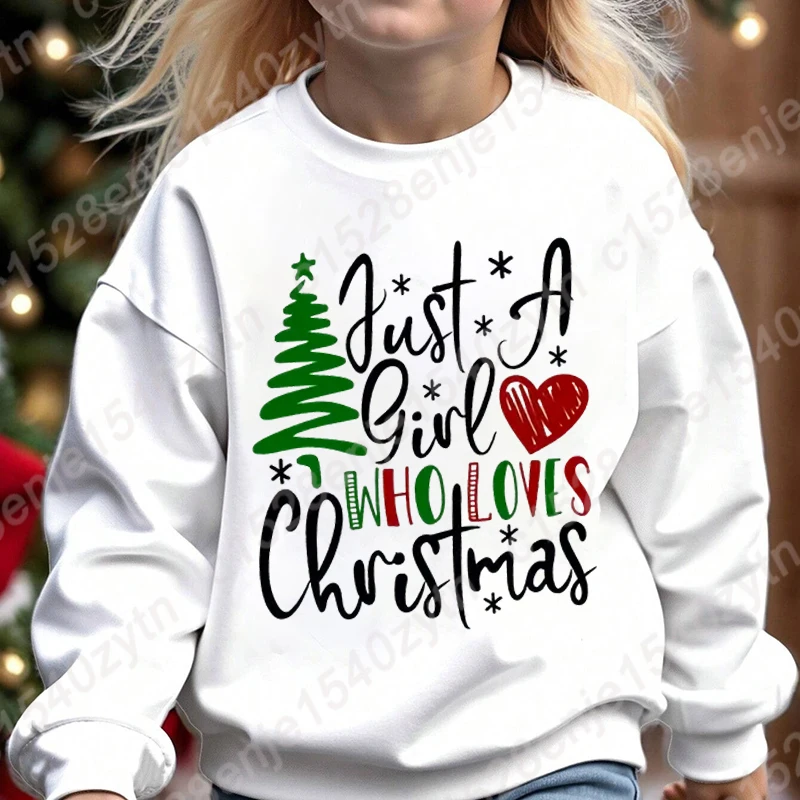 Just A Girl Who Loves Christmas Print Sweatshirt For Girls, Long Sleeves Crew Neck Pullovers, Kids Girls Xmas Sweatshirts Gifts