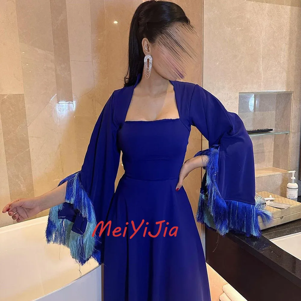 Meiyijia Avondjurk Saudi Lange Mouwen Elegante Vierkante Neckline Kwastje Arabia Sexy Avond Verjaardagsclub Outfits Zomer 2024