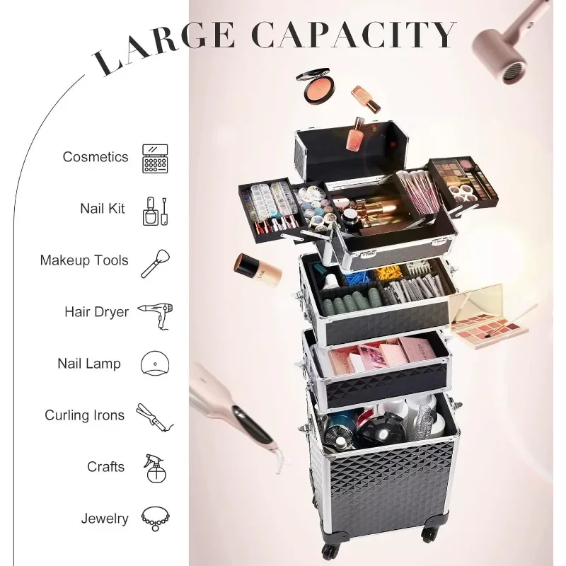 Rolling Makeup Train Case Large Storage Cosmetic Trolley 4 in 1 Large Capacity Trolley Makeup Travel Case