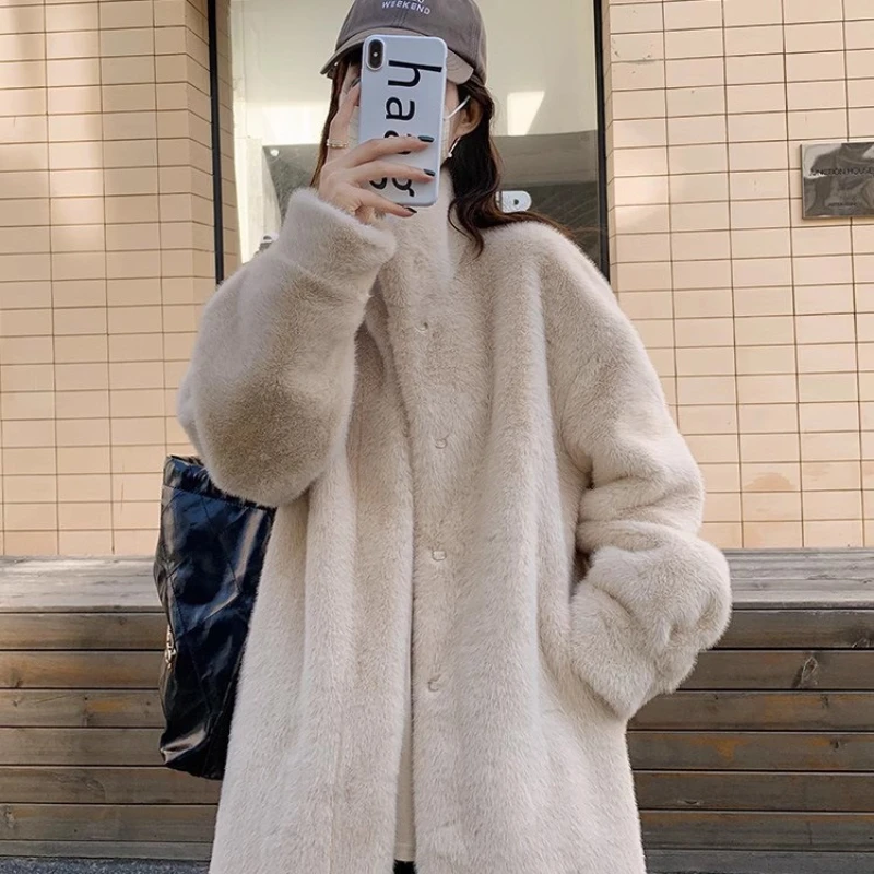 

Шуба из искусственного норкового меха, женский зимний утолщенный длинный плащ с воротником-стойкой, экологически чистый