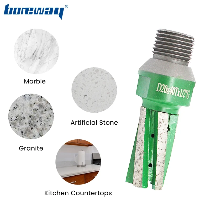 Boreway 1/2"Gas Diamond Finger Bit D22*40T CNC Segment Drill Router Bit With Water Hole In Bottom And Side For Granite Counter