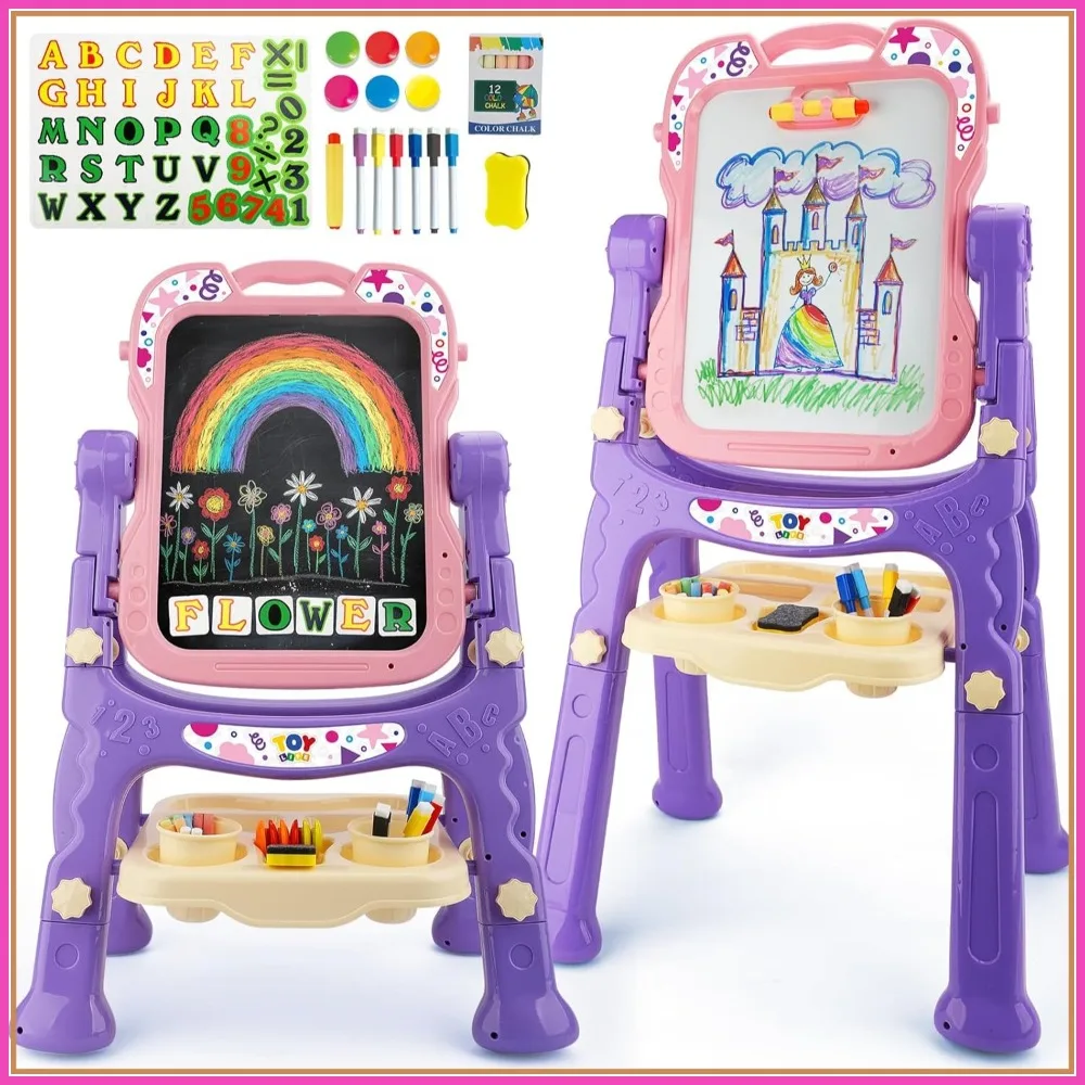 

Double Sided Art Easel for Toddlers, Adjustable Magnetic Chalkboard & Dry Erase Board with Accessories, Pink