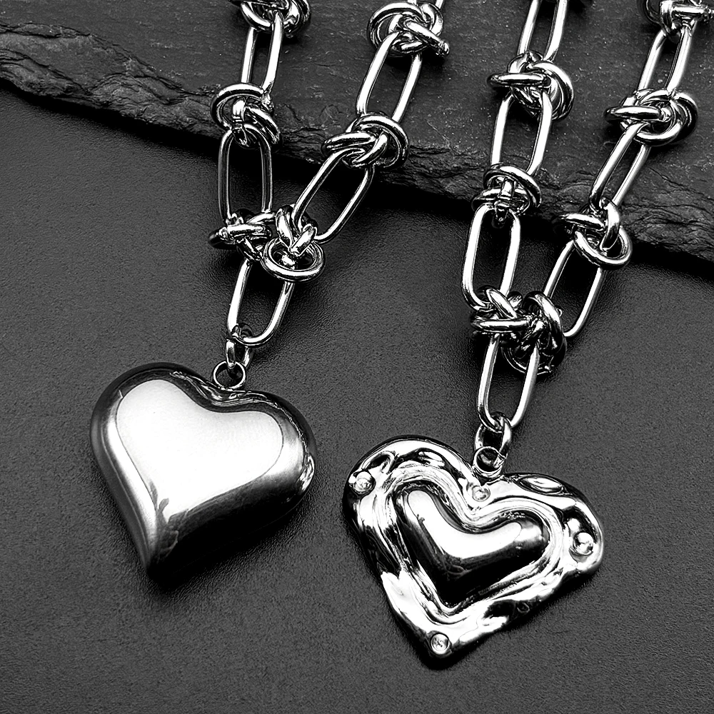 

Punk Love Peach Heart Pendant Necklace for Women Men Stainless Steel Silver Color Hip Hop Knot Chain Necklaces Jewelry Gift