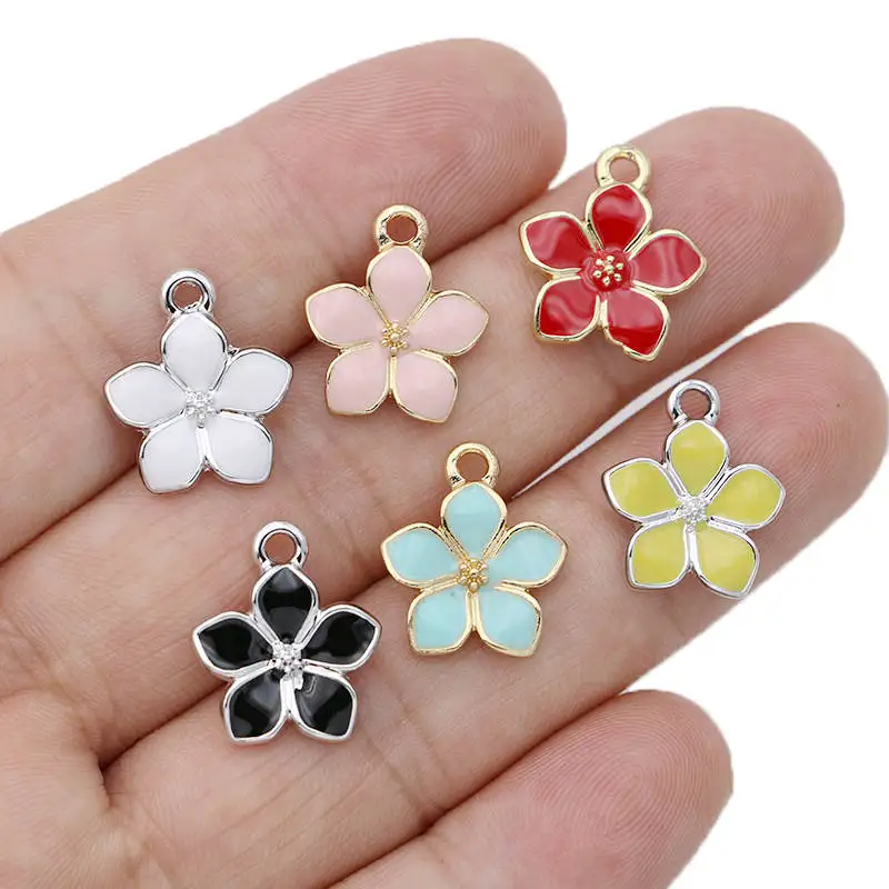 10Pcs Silver Plated Red Enamel Sakura Flower Charm Pendant for Jewelry Making Bracelet Earrings Necklace DIY Accessories Craft