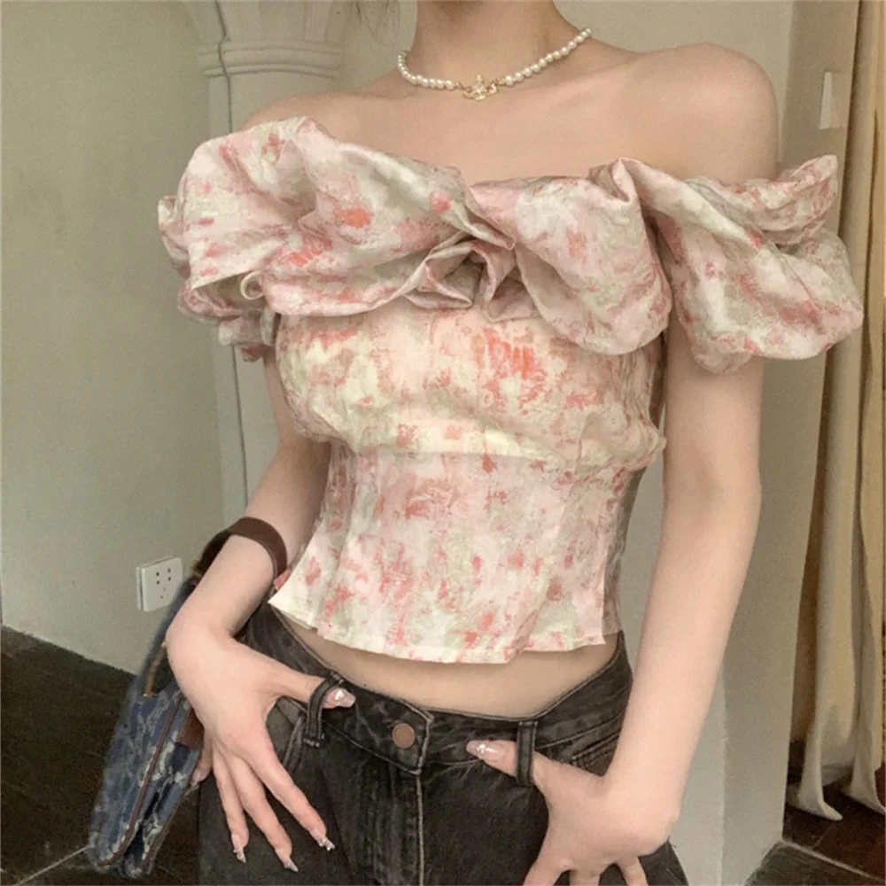 PLAMTEE S-M Women Slash Neck Florals Blouses Summer Off Shoulders 2023 Short Sleeve Sweet Party Ruffles Slim New Daily Mujer