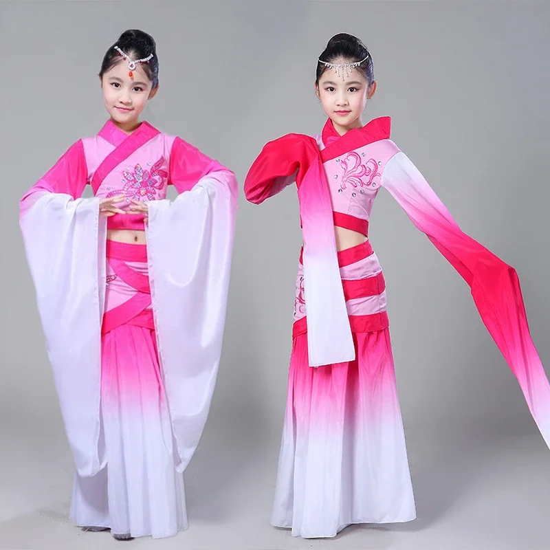 

Classical Hanfu Dance Costumes Children Water Sleeve Performance Clothing Girls Yangko Elegant National Fan Dance Suit for Stage