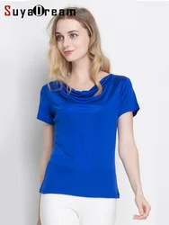 SuyaDream Women T shirt Natural silk Draped Collar Short Sleeves Solid Tee 2022 Spring Summer Top White Blue